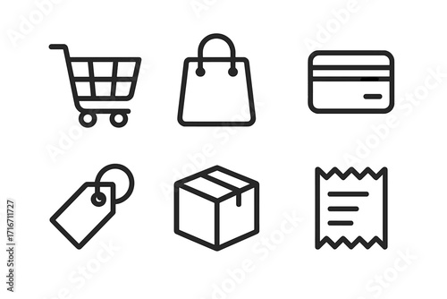Minimalist shopping icons set including shopping cart, bag, payment card, price tag, delivery box, receipt, vector illustration with transparent background, ecommerce symbols