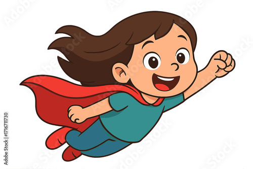 Young girl flying playfully with red cape, cheerful joyful expression, imagination concept, superhero child vector cartoon illustration, happy childhood fantasy