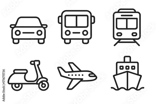 Simple linear icons of transportation modes including car, bus, train, scooter, airplane, and ship. Vector cartoon illustration with transparent background. Set of six transport symbols.