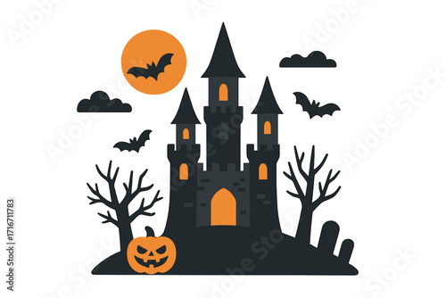 Halloween haunted castle silhouette. Spooky Dracula palace with bats and pumpkin. Scary night landscape with full moon. Flat style cartoon vector illustration set for design.