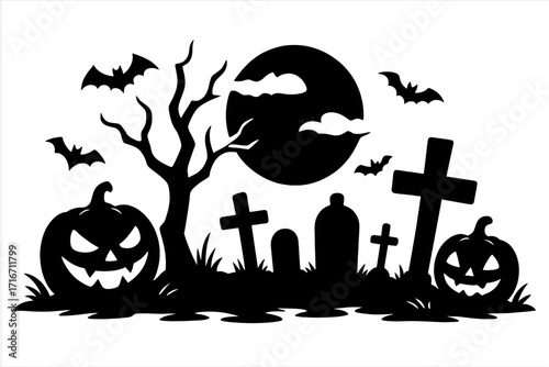 Halloween silhouette banner with scary pumpkins in a creepy cemetery. Spooky graveyard scene with full moon, bats, and a dead tree. Horror night vector illustration for party.