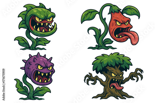 Monstrous plants evolving into fierce creatures with vivid expressions, cartoon vector illustration of imaginative nature, botanical monsters showcasing wild plant transformations