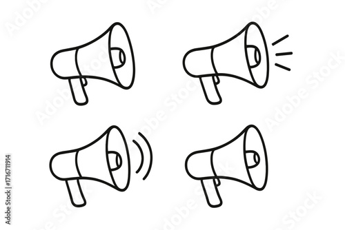 Megaphone line icon set. Bullhorn vector illustration. Loudspeaker for announcement, alert, and protest. Communication and marketing symbol. Loud sound outline drawing element.