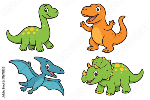Cute cartoon dinosaur set. Vector collection of happy dino characters like T-Rex, Brontosaurus, Triceratops, and Pterodactyl. Funny prehistoric animal mascot for kids illustration.