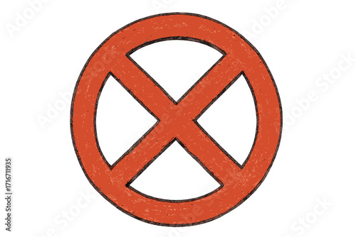 Hand-drawn reject symbol vector illustration. Red charcoal textured cross sign for no, stop, or ban. Forbidden, prohibited, and restriction warning icon. Denied, incorrect, cancel.