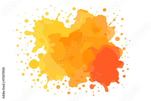 Abstract watercolor paint splash in warm yellow orange colors. Vector splotch stain background. Bright ink blob splatter texture design element. Illustration isolated on white.