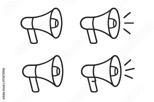 Megaphone icon set. Bullhorn line art symbol collection. Loudspeaker for announcement, alert, or protest. Marketing and communication concept. Voice and sound vector sign.