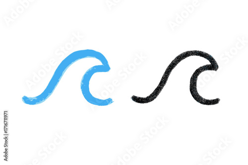 Hand drawn crayon charcoal wave shape set. Vector cartoon doodle illustration with texture. Blue and black water sea ocean symbol icon. Graphic design element scribble sketch.