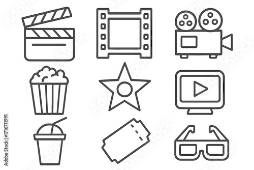 Cinema and movie thin line icon set. Film industry and entertainment symbols collection. Vector outline icons of camera, clapperboard, popcorn, ticket and 3d glasses.