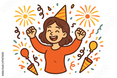 Happy woman celebrating new year or birthday party. Vector cartoon illustration of a joyful girl with fireworks, confetti, and balloons. Concept of success, achievement, and fun.