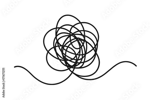 Tangled scribble line art, chaotic scrawl symbol, abstract linear tangle, black ink sketch vector, cartoon doodle with transparent background, tangled wire illustration, confusion concept