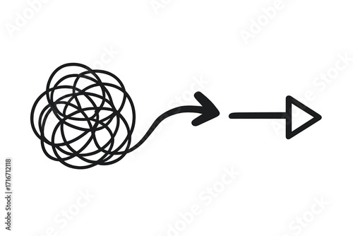Tangled scribble chaos transforming into clear arrow direction, vector doodle illustration, abstract complexity to simplicity symbol, tangled line art with arrowhead