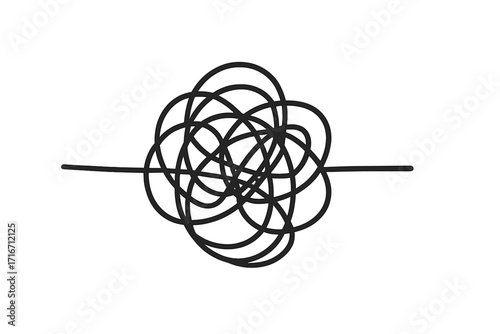 Tangled scribble abstract line art, chaotic scrawl doodle symbol, linear style vector illustration with transparent background, messy tangled shape, artistic hand drawn design