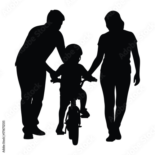 Parents teaching child to ride bicycle silhouette family