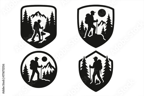 Hiking adventure badges set. Hiker silhouette in mountains and forest. Outdoor travel logo. Trekking and backpacking emblems. Vector explorer icon collection for nature lovers.