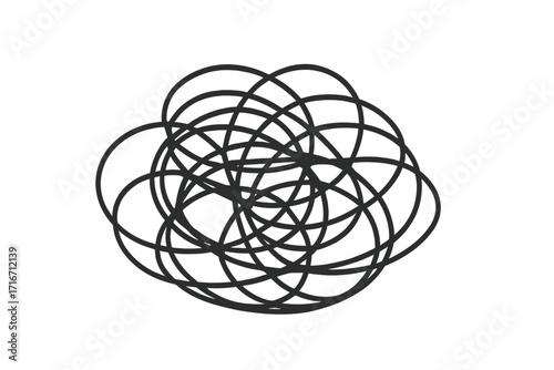 Tangled scribble chaotic line art, abstract linear scrawl symbol, vector cartoon tangled loops illustration on transparent background, graphic design element
