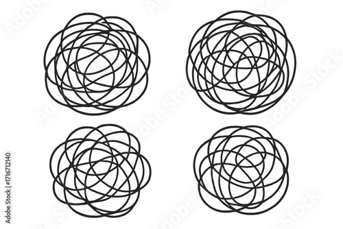Tangled scribble clew vector set, hand-drawn style black line art, chaotic scribble illustration collection, abstract curled lines, doodle design elements, transparent background