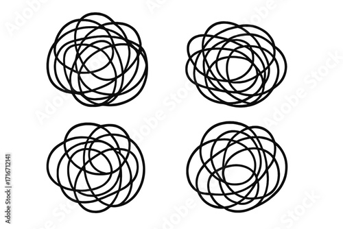 Tangled scribble clew vector set, chaotic hand-drawn spiral lines, tangled loops cartoon illustration, abstract messy knot, transparent background design pack
