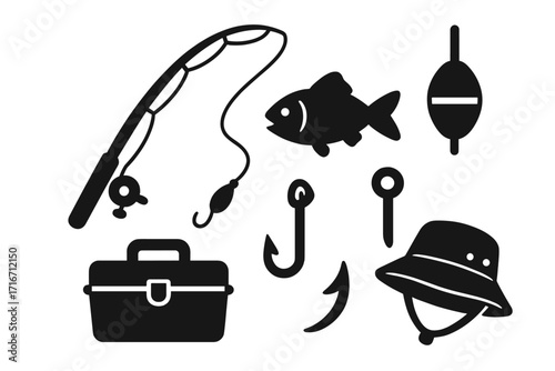 Fishing gear icon set. Angling equipment silhouette collection. Vector illustration of fish, rod, reel, hook, tackle box, float, bobber, lure, and fisherman hat. Hobby.