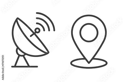 Dish antenna and location pin icon set. Satellite communication, gps navigation, signal transmission concept. Geolocation tracking, broadcast technology. Linear vector icons.