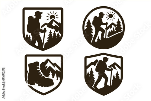 Set of hiking badges with hiker silhouette. Mountain adventure emblems. Outdoor travel logo collection. Vector icons for trekking, exploration, and nature tourism. Boot.