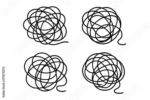 Tangled Scribble Ball Set, Hand-Drawn Wireframe Chaos Shapes, Vector Cartoon Illustration, Black Line Art Collection, Messy Tangled String, Abstract Knotted Line Art Graphics