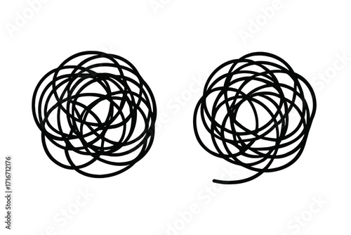 Tangled scribble clew chaotic lines abstract vector art, black outline style, cartoon illustration, swirling loop design, creative doodle, transparent background, seamless rough sketch set