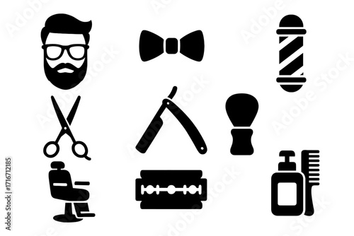 Barbershop icon set vector illustration. Hipster barber tools silhouette collection for hair salon. Gentleman haircut, beard grooming, and shave equipment icons. Vintage retro style.