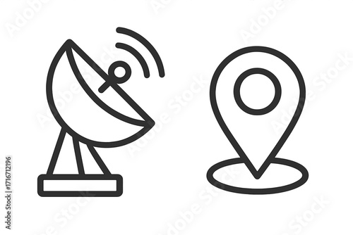 Satellite dish antenna icon for communication and broadcast. Location pin symbol for map, navigation, and GPS. Wireless technology and data transmission concept vector set.