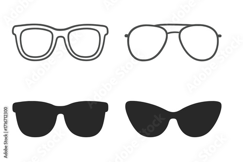Glasses and sunglasses vector icon set. A collection of linear outlines and black silhouettes. Fashion eyewear with various frames like aviator, cat-eye, and retro models.