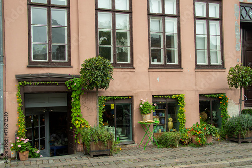 Entrance of a small shop in Copenhagen with climbing plants around the door