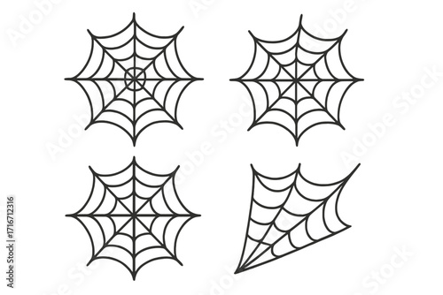 Spider web icon set. Cobweb silhouette collection for Halloween decoration. Spooky, creepy nature insect trap. Simple line art vector illustration. Corner web graphic element.