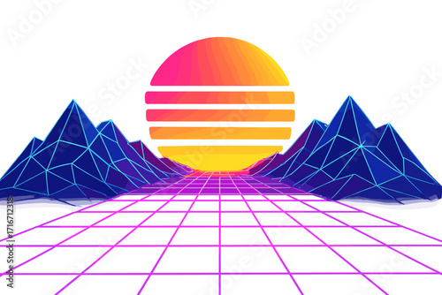 Vaporwave landscape with neon grid and mountains. 80s retro futuristic style with sun. Digital synthwave background. Abstract 3d render vector illustration for poster.