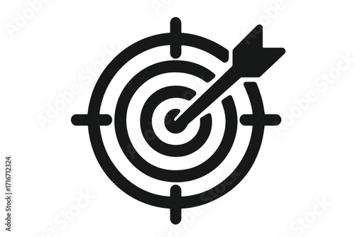 Target symbol with arrow hitting bullseye, silhouette accuracy icon, vector illustration with transparent background, goal achievement concept, focus and precision graphic
