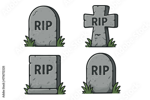 Set of gravestone icons with RIP text. Cartoon tombstone collection in different shapes and stone textures for Halloween. Vector illustration of headstones and grave markers.