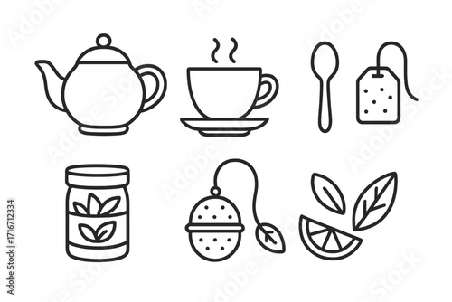 Tea set icons collection with teapot, steaming cup, spoon, tea bag, herbal jar, infuser, and citrus slice in simple line art style, vector cartoon illustration, transparent background