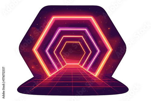 Retro futuristic synthwave background with neon hexagonal portal. 3D render of a glowing light tunnel in pink and yellow. Virtual reality, metaverse, and cyberspace concept.