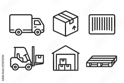 Outline icons of logistics and delivery truck, package box, barcode, forklift, warehouse with stacked boxes, wooden pallet, vector cartoon illustration, transparent background, ordered set