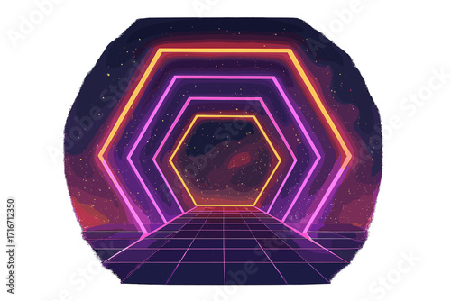 Futuristic neon light hexagonal tunnel background. 3D render of a glowing pink, yellow, and violet portal in a virtual reality environment. Abstract synthwave retro 80s style.