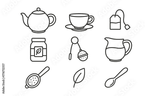 Tea set icons collection with teapot, cup, tea bag, infuser, pitcher, leaf, spoon, strainer, and herbal jar in simple line art style, vector cartoon illustration, transparent background, ordered set
