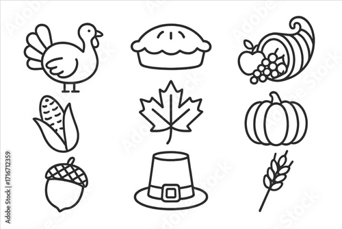 Thanksgiving icons set with turkey, pie, cornucopia, pumpkin, autumn leaf, corn, acorn, pilgrim hat, and wheat in simple line style, vector cartoon illustration, transparent background
