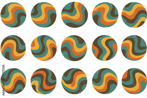 Groovy 70s retro seamless pattern with psychedelic wavy stripes. Mid-century vintage abstract background with round geometric shapes in earth tones. Trippy op art vector.
