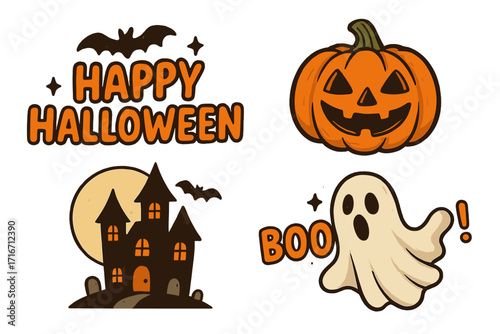 Halloween retro sticker set collection. Cute cartoon vector icons with jack o lantern pumpkin, spooky ghost, haunted house and bats. Vintage autumn party graphic elements.
