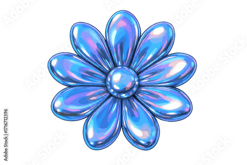 Y2K 3D flower in glossy chrome finish. Holographic abstract shape with metallic render texture. Iridescent futuristic floral element for groovy retro 90s design. Vector.