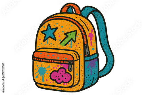 90s urban graffiti backpack on white background. Textured vector for back to school. Cartoon rucksack with star, arrow street art. Colorful bag illustration for students.