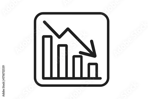 Loss chart icon. Decrease diagram. Financial crisis graph. Business fail concept. Stock market crash arrow down. Recession infographic symbol. Vector line illustration.
