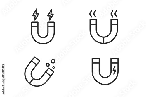 Set of Minimalistic Line Magnet Icons with Editable Stroke, Linear Pictograms for Design, Cards, Apps, Banners, and Posts, Vector Cartoon Illustration with Transparency