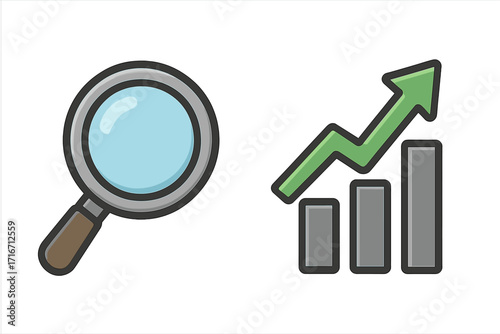 Business growth analysis icon set. Magnifying glass for research and data searching with a rising bar chart graph. Financial success, stock market increase vector concept.
