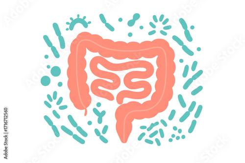 Human microbiome concept with abstract intestines and gut flora. Healthy bacteria pattern for gastroenterology. Probiotics, bifidobacterium, lactobacilli, digestive health vector.