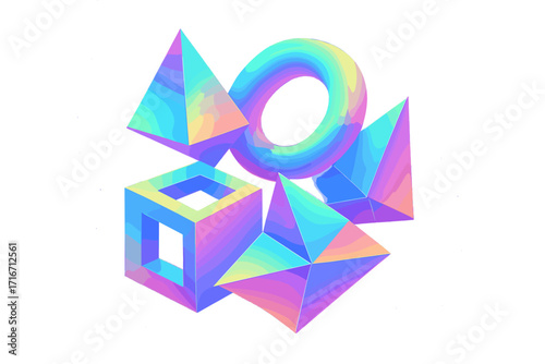 Abstract geometric shapes with holographic effect. 3D vector illustration set. Floating iridescent prism, crystal, cube, torus. Modern futuristic rainbow gradient design element.